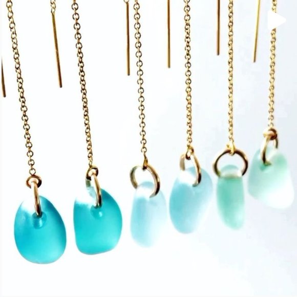 Sea And Glass - Sea Glass Threader Earrings - 14K Gold Fill - Ocean Blues - Picture 8 of 8